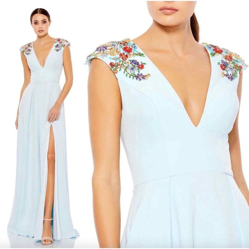 NEW Mac Duggal Beaded Cap Sleeve V Neck A Line Gown Blue Maxi Dress 26540 SZ 6